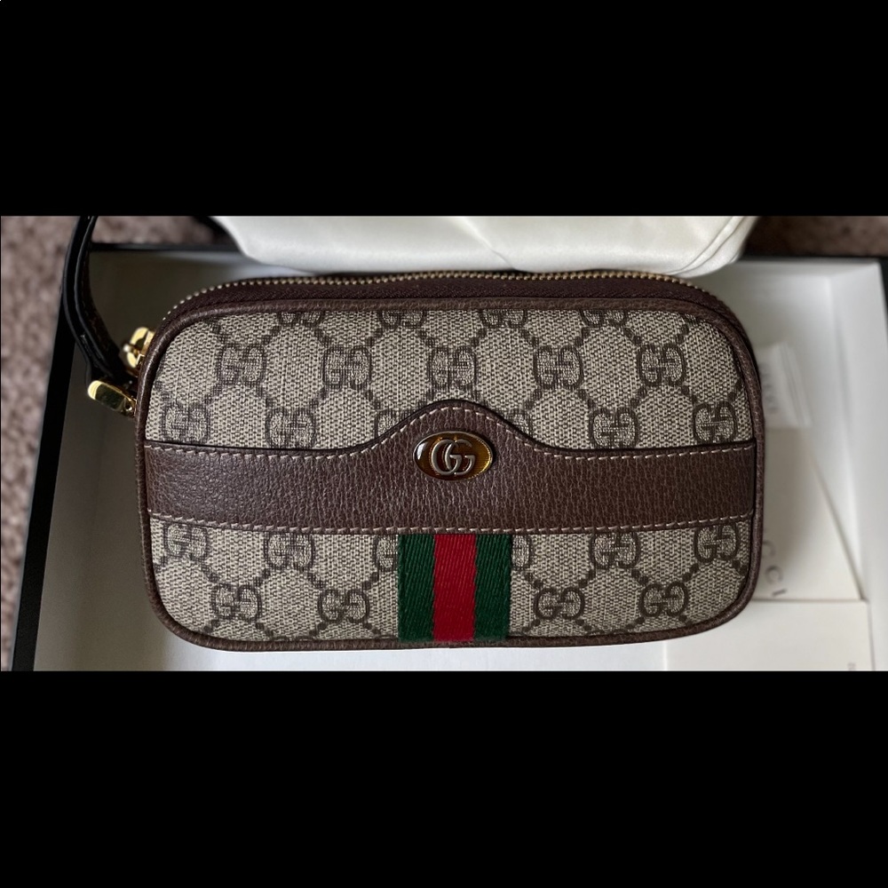 Gucci Brown GG Canvas Wristlet with Green & Red Stripe